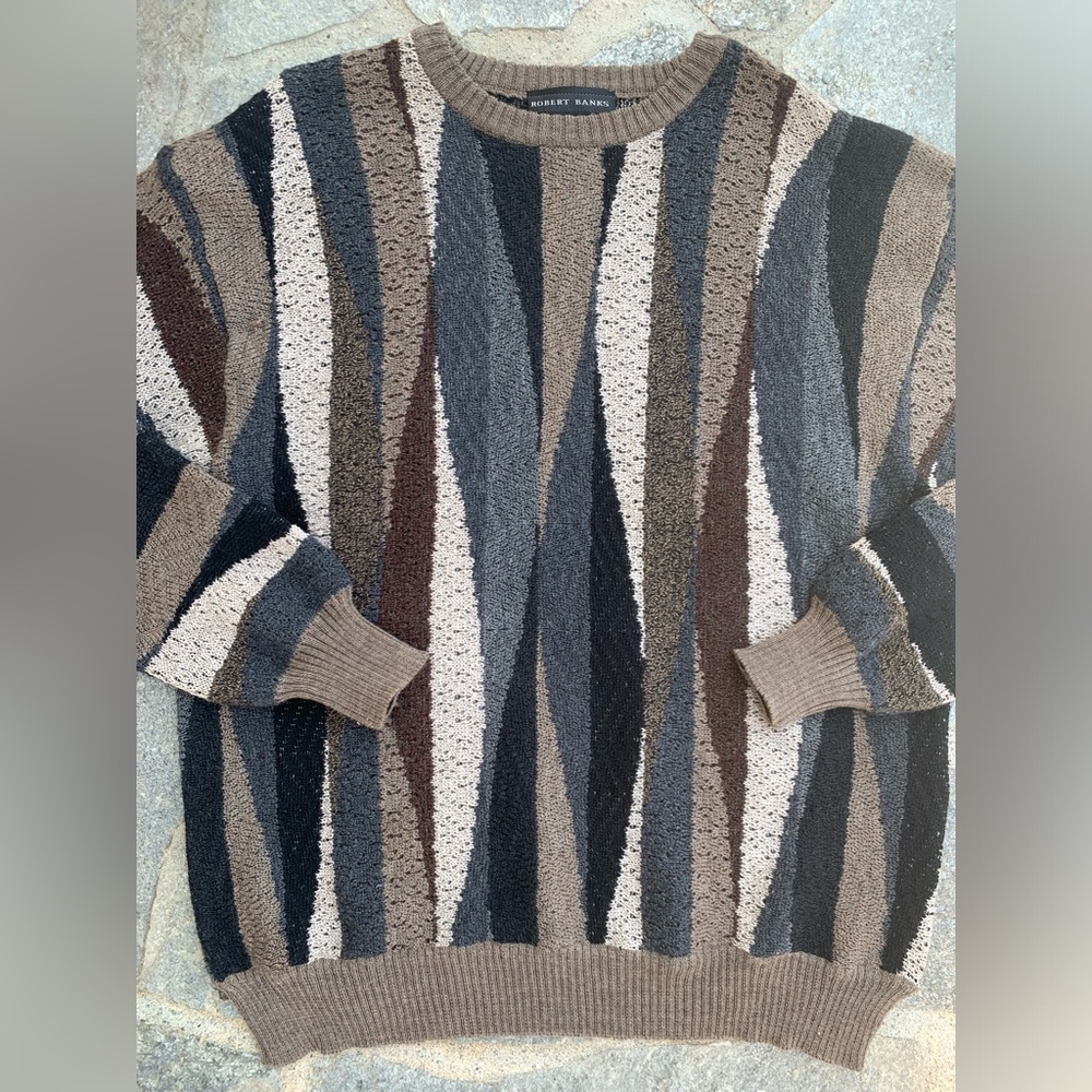 Robert Banks Vintage Multicolor Patterned 100% Merino Wool Grandpa Sweater
